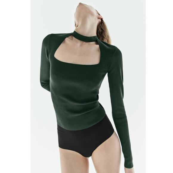 Zara Mock Neck Key Hole Long Sleeve Top Size S Small Green - Picture 1 of 12